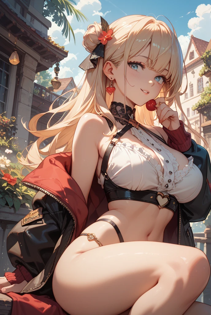 (8k,High resolution,masterpiece, accurate, Anatomically correct, Winner of numerous awards, 最high quality, High-resolution model, high quality, High detail, Very detailed:1.3)One person,16 year old girl,red eye(Big eyes)(Drooping eyes)
(pink sexy lips:1.2)Blushing,Hilda Hopes, smile,View your viewers, Hair Bun,blonde,Twin tails,dress, Red gloves, boots, Hoop Earrings,Large Breasts, (Cleavage)(grassland at sunset:1.0)(under the big tree)red and black dress,mini skirt((panty shot:1.5))((White panty))