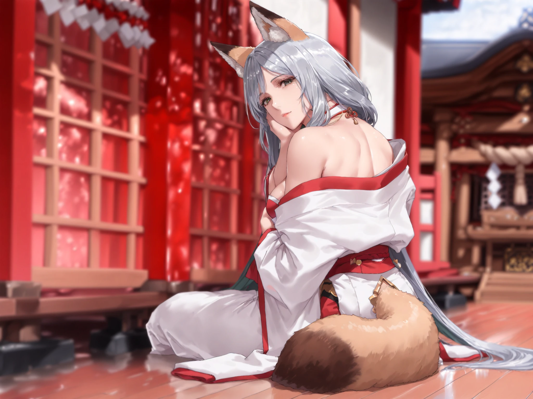 lily、gray hair、Fox、warrior、shrine、long hair、red eyes、small breasts、highest quality、He has a sword at his waist.、woman