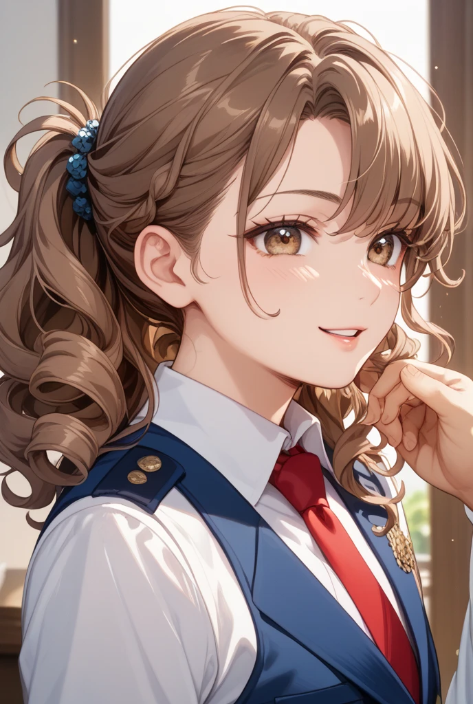 (logo, masterpiece, 8K, Tabletop, RAW Photos, wonderful, 最high quality, フォトリアリスティックでVery detailedな CG 合成 8K 壁紙, high quality, Very detailed, Narrative poem, Particle Effects, Dynamic Effects, Depth of the Boundary, Cinematic Light, Lens flare, Ray Tracing), short hair beautiful young woman, Tie your hair back, Skin with attention to detail, Very fine, Fine skin, Beautiful Face, Realistic eyes, Beautiful and detailed eyes, Realistic Skin, Beautiful Skin, Surreal, Smiling Eyes, Hair and light eyes, Vibrant, Colorful lights and bokeh. The lighting casts a warm glow on her face and hair., Blue glow, Water surface reflection, Creates a dreamy and magical atmosphere, Big Breasts, Brown Hair, short hair, plump lower lip, Pink blush on cheeks , Pink Lips, Brown tight no-shoulder knit sweater