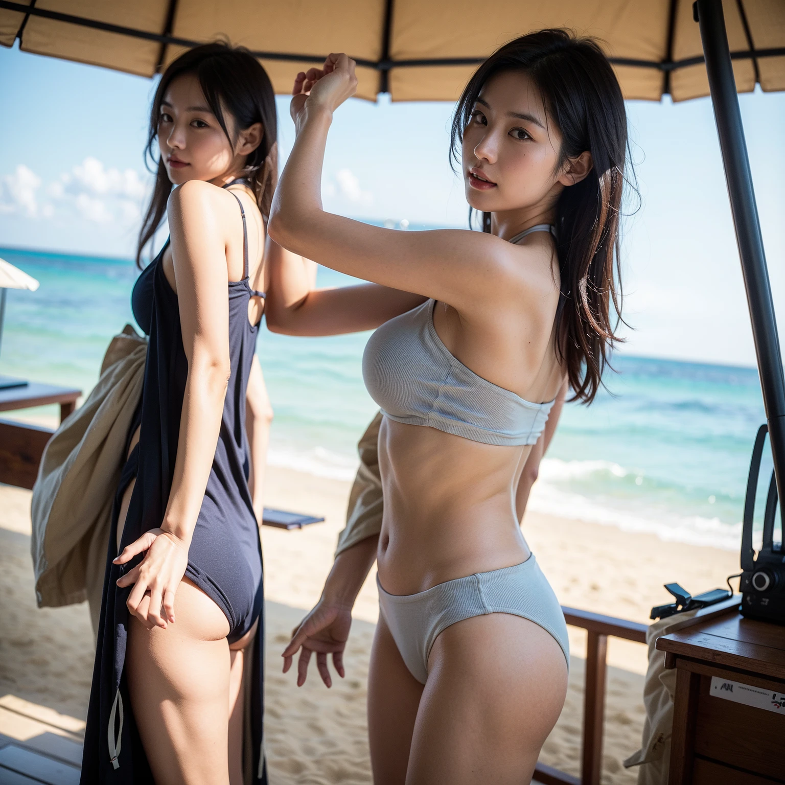8K High Resolution、Photorealistic and vivid、Stylish and form fitting designer bikini swimwear in metal with a mirror finish、big eyes、A refreshing smile、sexyボディー style and beautiful looks、big 、Shapely butt、Without glasses、No hat、ponytail、sexy、charm、Full body image、The background is a sandy beach by the sea