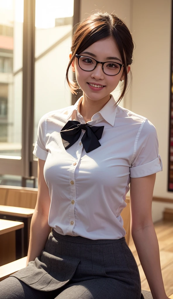 A photo of a young, nerdy woman sitting in a caf, wearing a white shirt and a bow, surrounded by a cozy atmosphere, looking at the viewer.
short hair, slender, red lips, transparent fabric, flirting with the camera