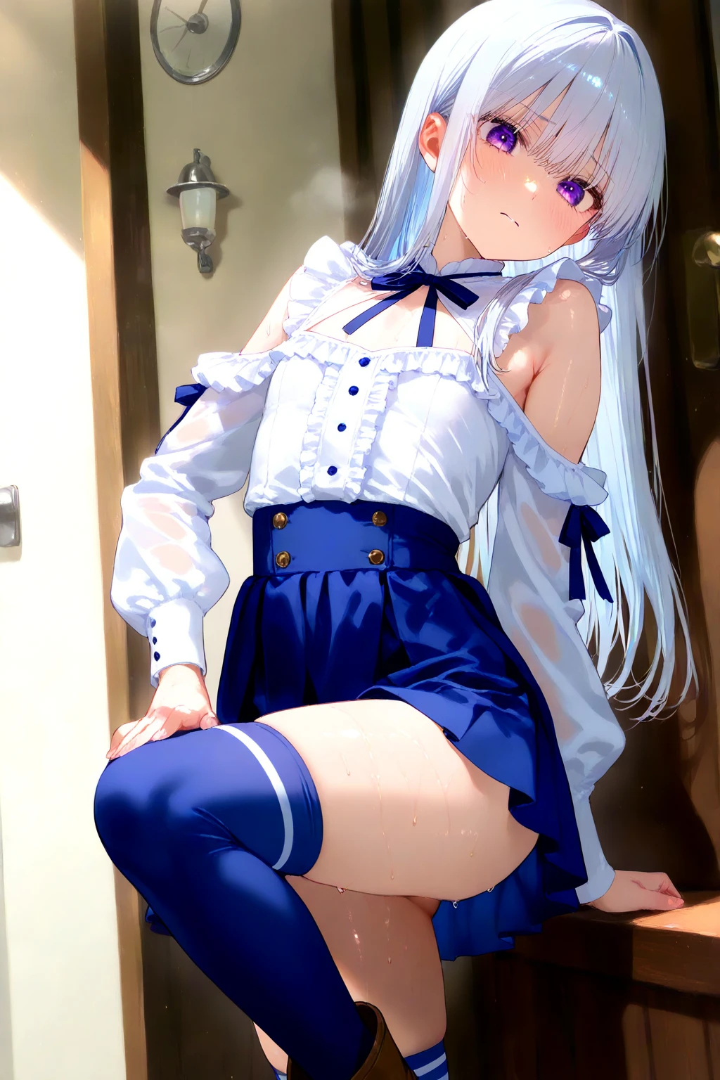 Highest quality, A seductive smile, See-through clothes,Sheer long skirt，Spread your legs，Lace panties,Blue tights