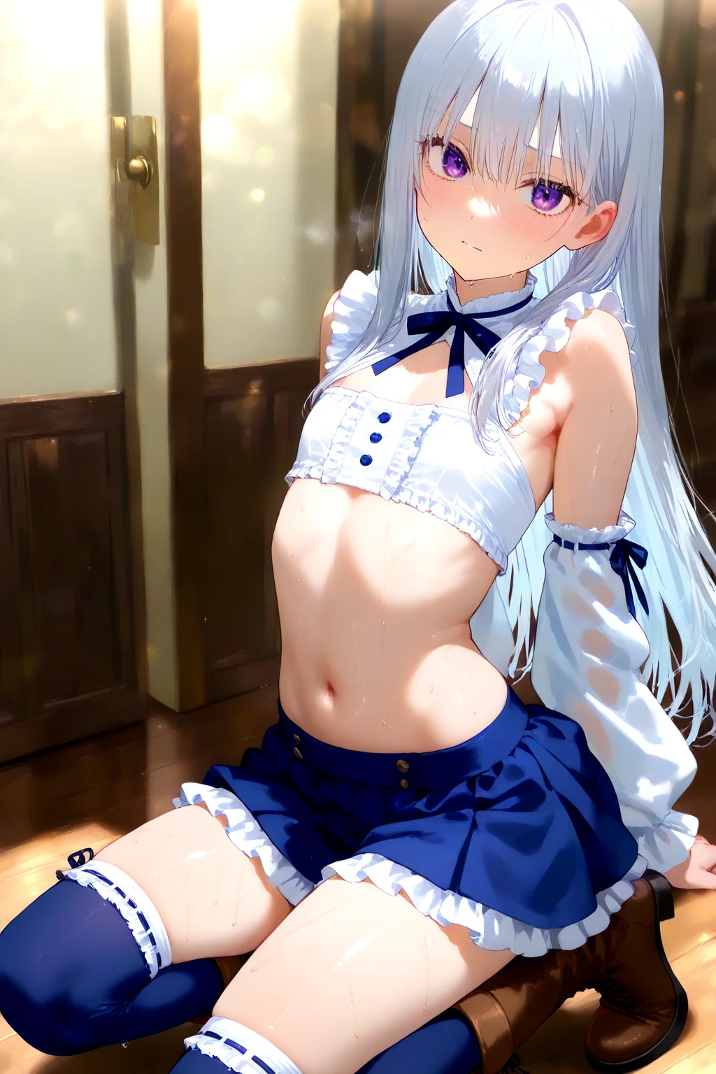 Nipples faintly visible through pure white clothing,Small Bust,mini skirt,White panties