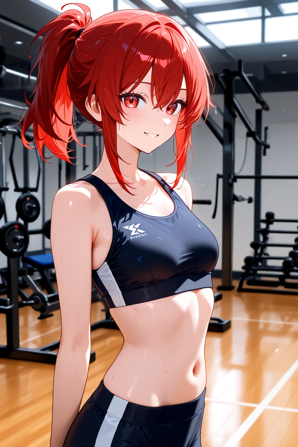 masterpiece, best quality, ultra detailed, ultra high resolution, very detailed face, solo, ((anime)), ((from below angle)), ((16 years old japanese girl)), (((look away:1.3))), (((tanktop, bikini))), (((crimson bob hair))), (((six pack abs:1.16))), (((medium breast))), ((bad mood)), ((bare hands)), in the boxing ring