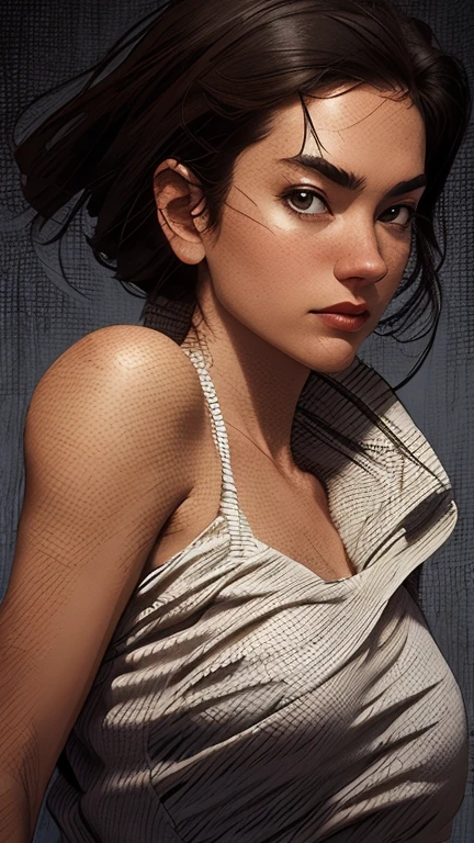 Best quality, masterpiece, ultra high res, (photorealistic:1.4), raw photo, 1nakedgirl, offshoulder, in the dark, deep shadow, low key, cold light, detailed skin