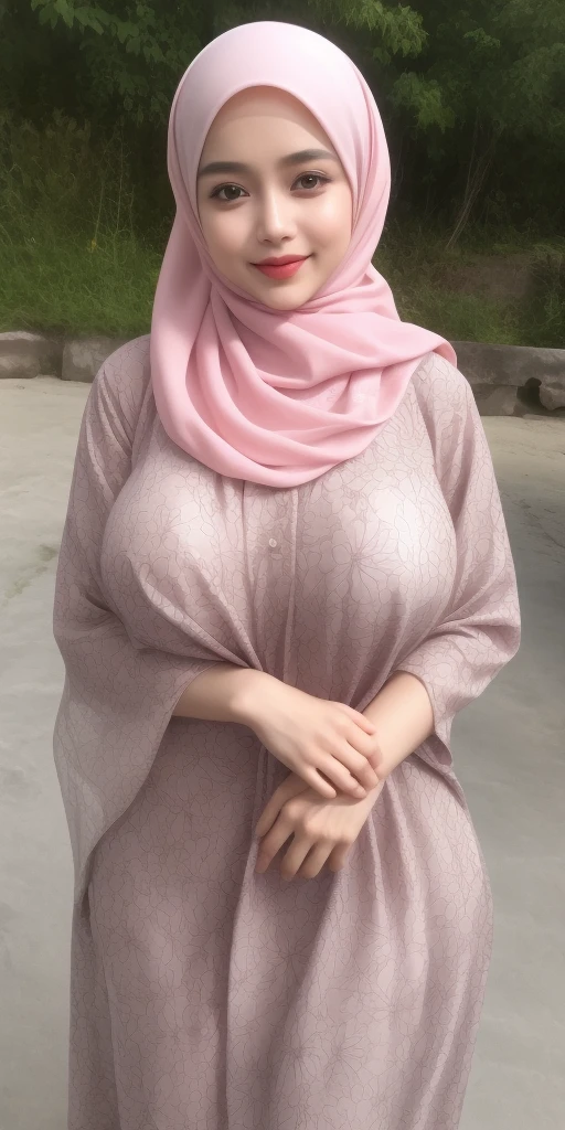 (masterpiece), best quality, realistic, photorealistic, highly detailed, highly detail face, solo,1girl, shirt, wearing hijab, long hijab, big boobs, long curly hair, bangs, walking, urban city, rain,