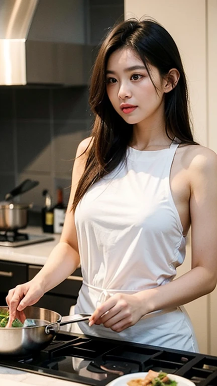 (best quality, 8k, Masterpiece: 1.3), Beautiful woman with a perfect figure: 1.4, dark brown hair, Wear a pendant, Wear an apron, in the kitchen, Highly detailed faces and skin, Detailed eyes, Double eyelids, big breasts