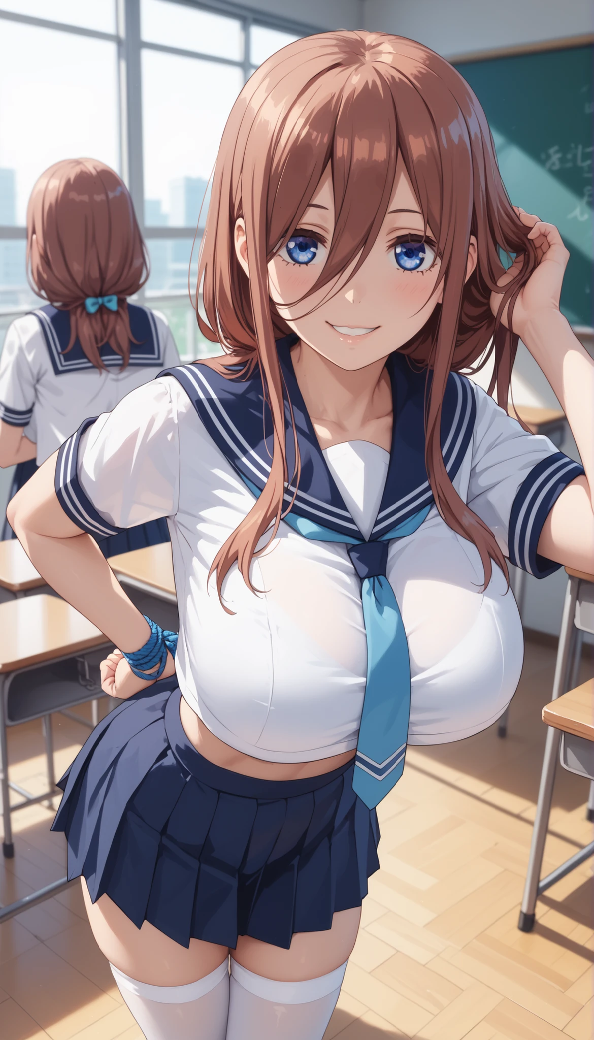 masutepiece, Best Quality, hight resolution, Arnitta, Long hair, Visor Cap, headset on head, Large breasts, Necklace, Jewelry, Blue Bikini, Striped, White jacket, Open your clothes, Short sleeves, wristbands, Blue skirt, Pleated skirt, idolmaster, Arms at sides, straight-on,NSFW,Magic Circle, 1girl in, rating:safe, Brown eyes, Brown hair, Open mouth, huge smile,clock, Not wearing underwear,Expose your breasts, exposing their genitals, Bracelet, Navel, shairband,Tongue out, ((((vaginal,SEX:1.4)))),(missionaries:1.2),((((,3boys)))),handjob,fellatio,