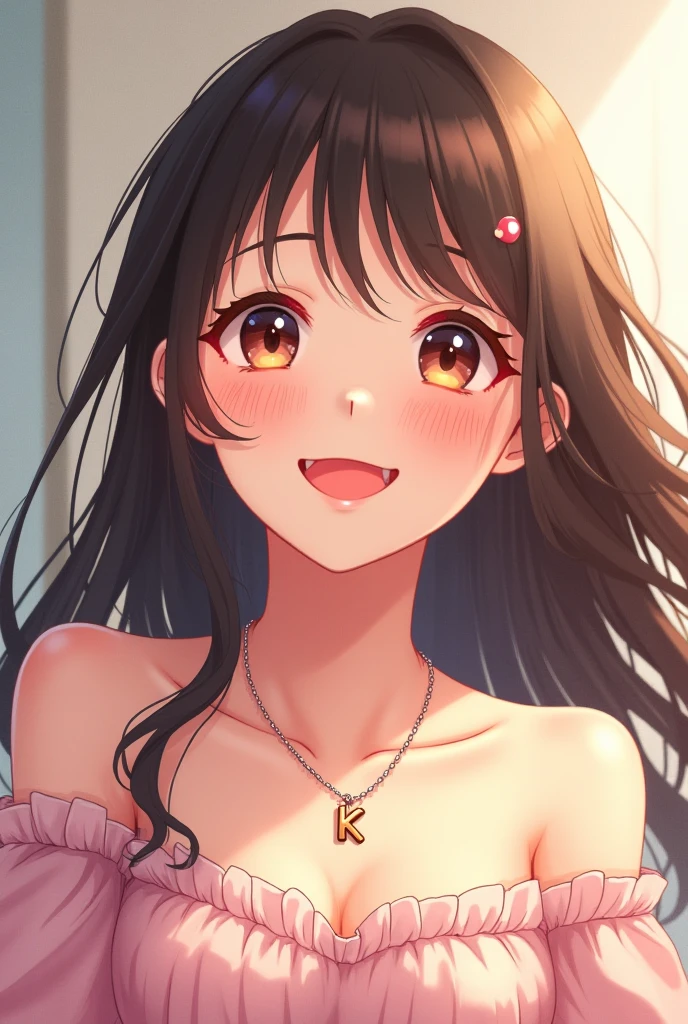 cute anime character girl, sticking tongue out, showing peace sign, messy wavy long hair, brown skin, heart-shaped pupils, choker with heart pendant, wearing loose baggy hip-hop fashion, attractive and seductive face, make-up, superlative body proportion, indoors, 2.5D, delicate and dynamic, graphic CG digital art