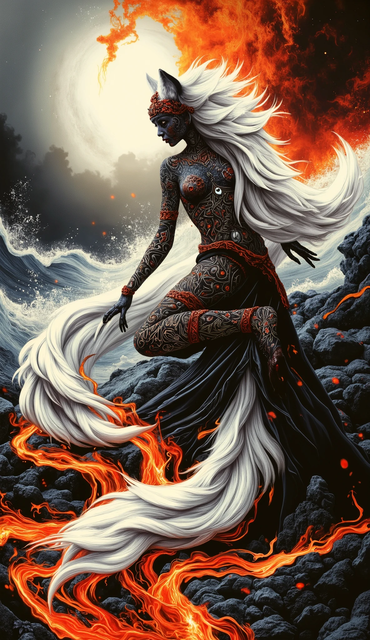 Freehand，movie images，Background：Ancient legends The big seaside after the volcano erupted，Dancing in the snow，（A beautiful fantasy of a thousand-year-old white fox fairy fox demon is running）, After a thousand years of existence, Patron Saint, Taboo legends,  elegant posture , deep eyes, fox ear, white nine foxtails,  Colorful clothes,  Mysterious temperament under the moonlight,  Ancient magical power, The chaotic energy of shamanic rituals is transformed into a space-time tattoo artist，good at old Nordic style tattoos）Poetry。This is the beginning of HEILUNG。band calling their music “an acoustic reconstruction of early medieval Nordic history”，Inspired by Germanic texts from the Iron Age to the Vikings、runic inscriptions and archeological artifacts（For example, Ni Stone、spear-handle amulet）。focuses on Nordic mythology（Germanic gods、giant Jtnar、Valkyries）