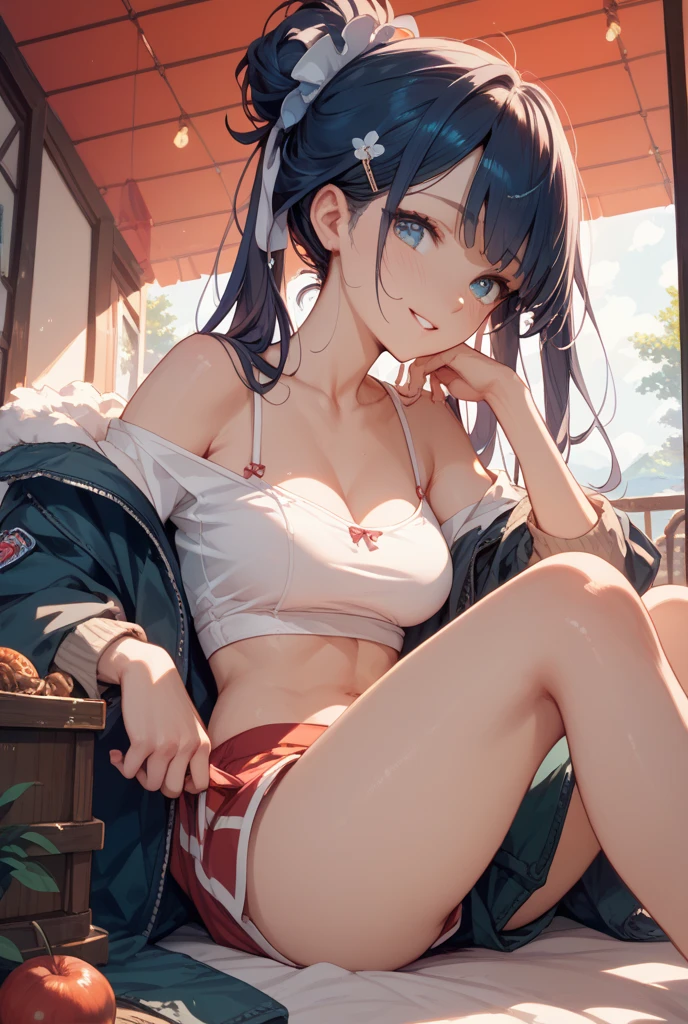 Pixiv style, A high resolution, Hyper-realistic, Anime style, 4K, A woman who is. Japanese high school student sitting on a park bench. High school sportswear. sweatshirts. Shoot sideways from diagonally. The woman looked up at me,Smile with your mouth closed. The woman's face is written accurately. medium hair length. Slightly larger breasts. Model type woman. Extremely precisely drawn female eyes. Beautiful female face. Two legs. Two arms. Five fingers to write,extremely precise, Peaceful Japanese park,rich greenery.Pregnant belly,Pregnant women with,a navel