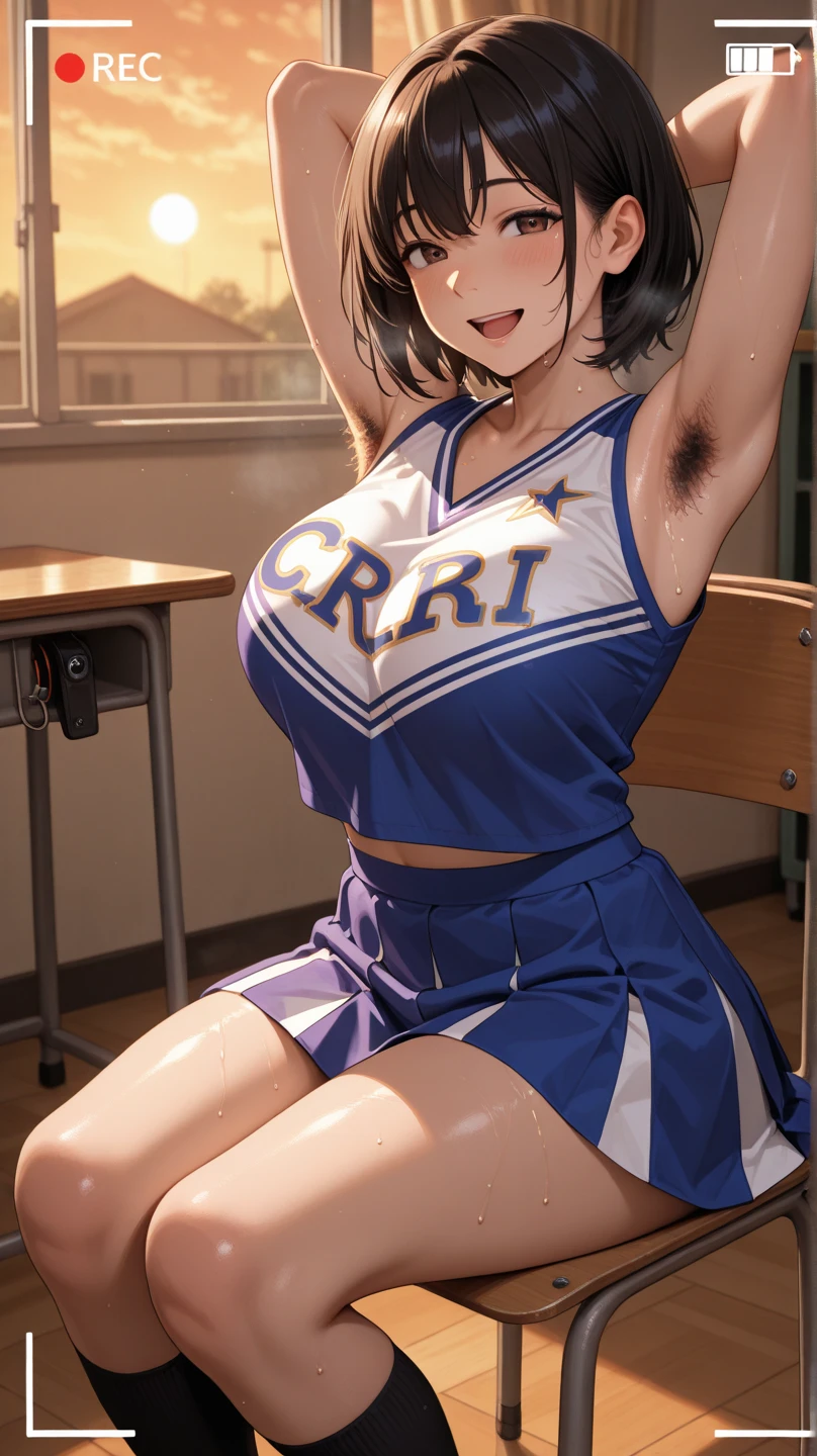 Cheerleader, having sex, seductive smile , red eyes, in classroom, mind control 