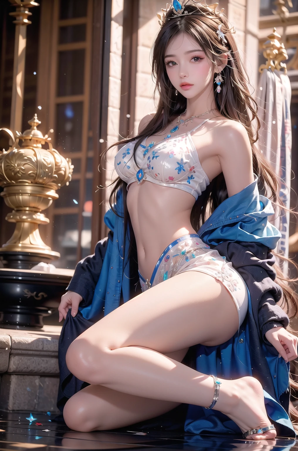 photorealistic, high resolution, soft light, 1women, solo, hips up, dynamic pose, shining skin, jewelry, tattoo,lace lingerie, thigh highs, garter belts, sofa, sitting
