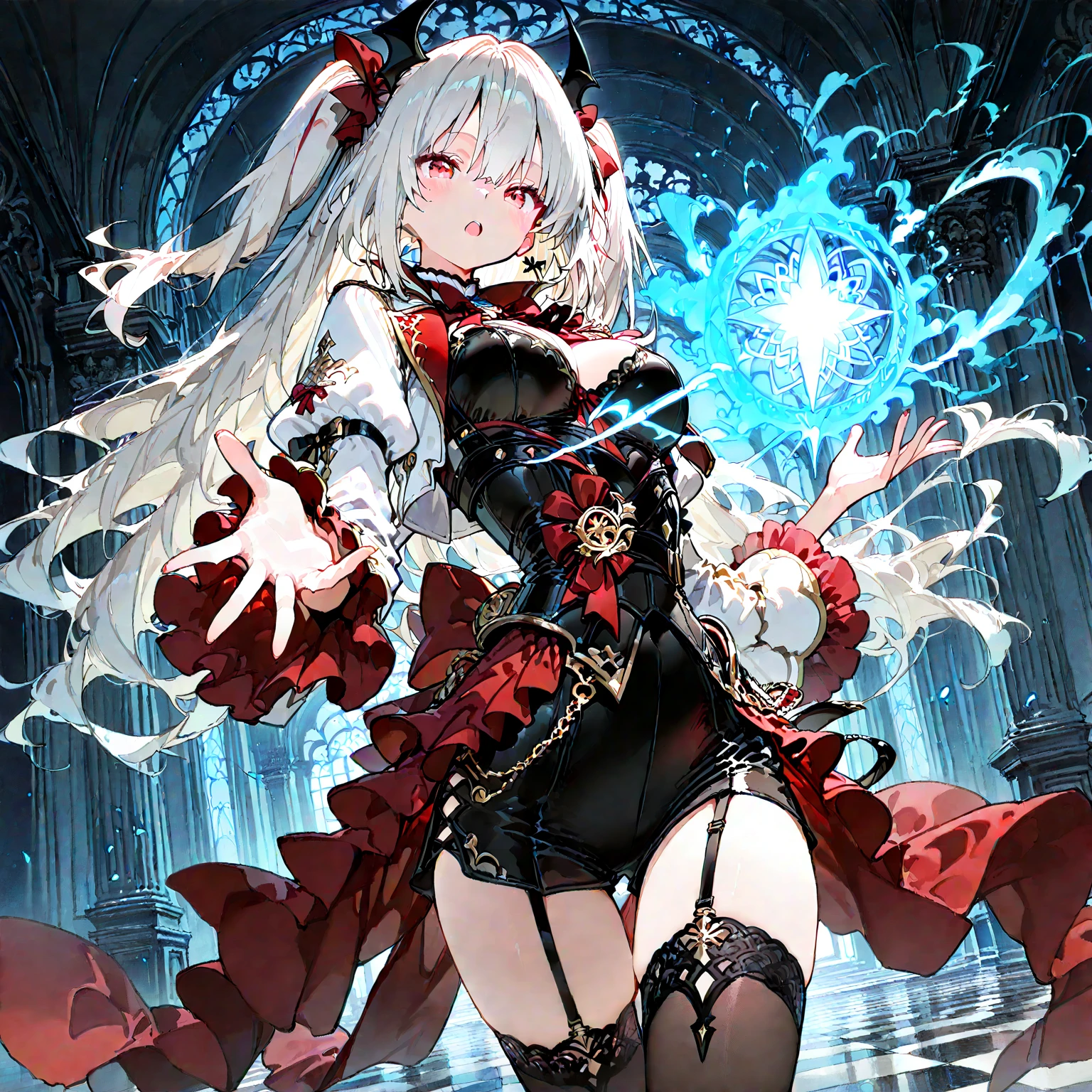 Girl,sexy, spicy , idol,🎧📹, glitter , , imagination, fairy , Satan, sexy pose,red eyes ,☄️☄️🎆🌌🪻❄️☃️, white hair , theatre ,Billie Elish vibe,evil ,((better quality)),((high resolution)),((better hands