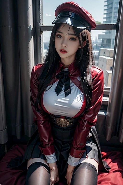 Reality, high resolution, 1 Woman, Solitary, Hips up, View Viewer, (Delicate face),Red trench coat,Mid-chest:1.1,skirt:1.1,Red dark V skirt,Left-breasted rose,Black Hair,Long hair,Looking at the camera slightly to the side of the face at a 45-degree angle,casino background,Take poker action