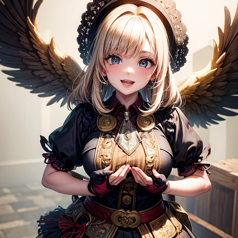 On the streets where it rained heavily,A loli in a hat and dress,There are 2 wings behind him,Lori huge breasts cleavage,kawaii,Inspired by Lyckey,Chibi Art,inspired by Tawaraya Sōtatsu,Inspired by Yundu Snow,inspired by Wang Lü