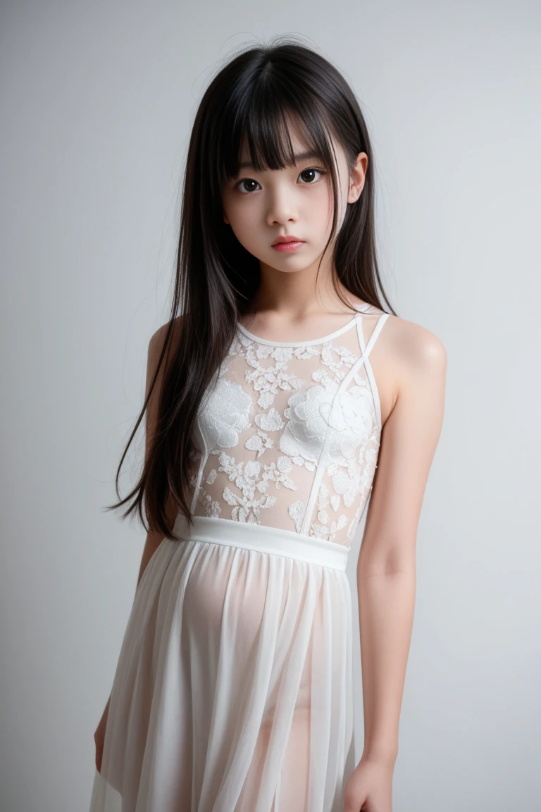 
(masterpiece, highest quality:1.4), award-winning portraits, 8K, 85mm, alone, beautiful face, delicate girl, violaces, gardenia, grace, Sophisticated, cute, teen, looking at the viewer, 15 years old, Raw photo, disorganized, HDR, sharp focus, background bokeh、(((flat 、thin and delicate body、A childish atmosphere、basement)))、Her shiny semi-long hair is tied up、swaying hair、Mole on the left cheek、large, round, dark blue eyes、full body、random pose、Junior idol、Nogizaka Idol、mole under eye、sexy、naked、topless