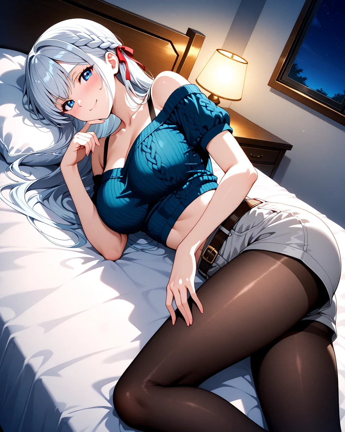 (masterpiece、top-quality)、独奏、1womanl、White hair、the tips of the hair are blue、Blue eyes、A smile、White skin as clear as snow、Fantastical、Open legs,Small breasts, Silver hair, Blue eyes, Beautiful eyes, Teen Girl, Ecstasy, charmed, be smitten with audience, Hoodie, Hoodie with open front, Shoulder out, Blue sky, Sunlight