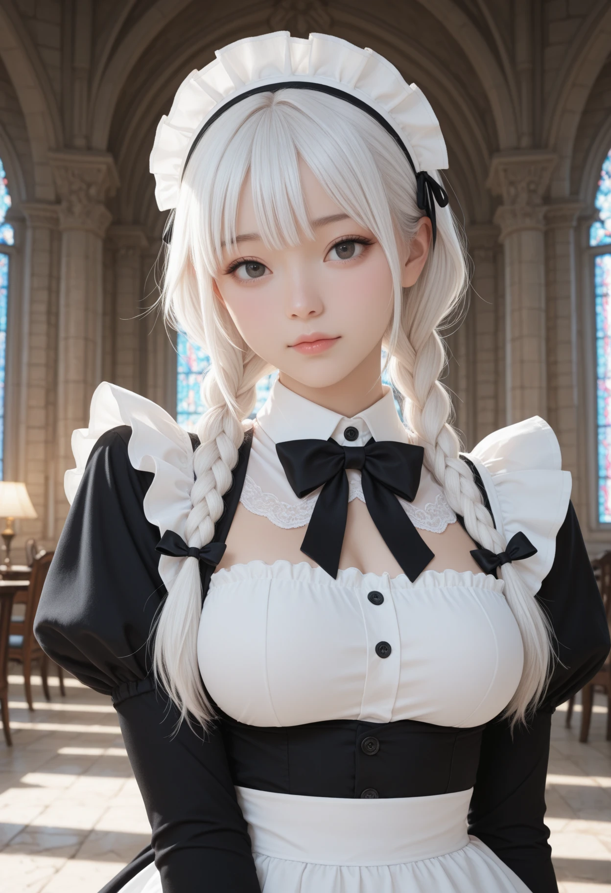 Non-NSFW、Real、Highest quality、Highest quality、masterpiece、Ultra-high resolution、RAW Photos、Real、Bright lighting、Face Light、Smooth Professional Lighting、Looking into the camera、alone、Adult women、Beautiful woman、Super Beauty、Realな肌、Moisturized Skin、Realな目と顔、Perfect model body、Beautiful Eyes、Big eyes、Inconspicuous tear bags、slim、No bra、Beautiful fingers、Very long hair、Silver Hair、blue eyes、looks happy、(Both ears are hidden by hair)、Fantasy World、Medieval Europe、saint、(((Neat and Clean Maid)))、Inside the temple、(black and white outfit:)、Small Ass、(Large Breasts:1.3)、(Venus&#39; Nipples:1.8)、Königsreuter, (Black French Maid Uniform:1.7), (white Stockings and Garter Set:1.2), (Headdress),(high heels:1.2), (Short frilly salon apron:1.2)、(Leaning forward:1.2)、(From above:1.5)