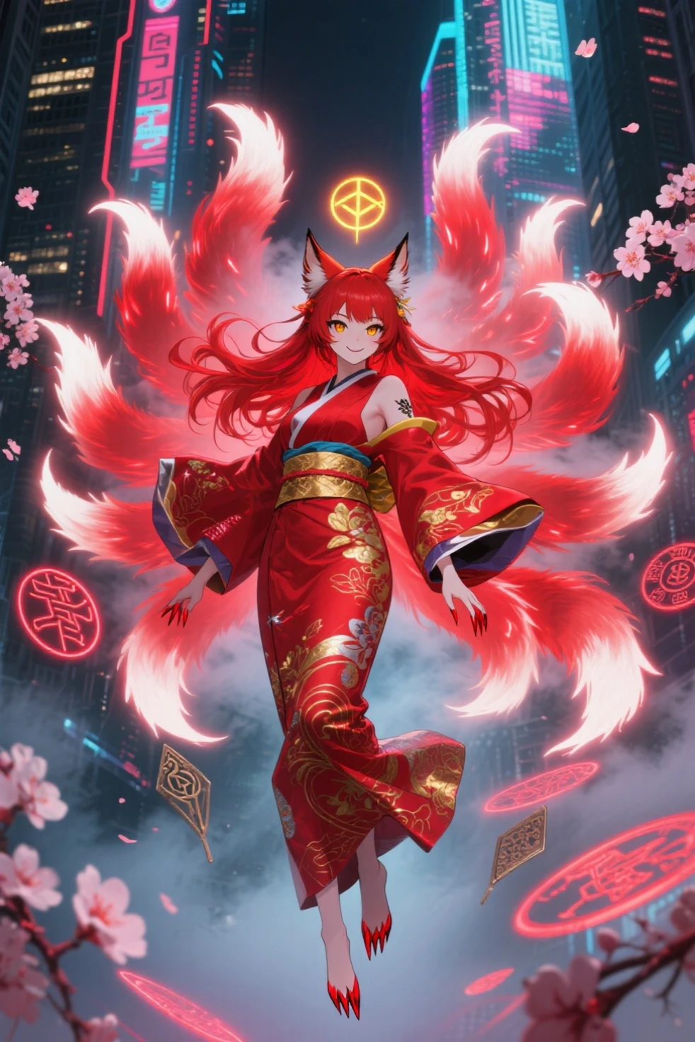 highly insanely detailed, masterpiece, top quality, best quality, highres, 4k, 8k, RAW photo, (very aesthetic, beautiful and aesthetic),
solo, red hair, sitting,
<lora:red9fox:0.8>, red9fox, fox ears, fox girl, hair ornament, jewelry, off shoulder, forehead mark, long sleeves, tail,
very long hair ,ginger hair ,rainbow hair, Iridescence hair ,Blowing hair in the strong wind,
(bright blue-green eyes,light blue eyes) ,golden blonde eyeliner ,thick eyelashes ,scar_across_eye,eyepatch,
neon yellow background, neon magenta background, neon red background ,solid color, solid color background,gradient background,neon color,multicolored background,
(flower, falling petals, petals on liquid, petals, cherry blossom:0.8),