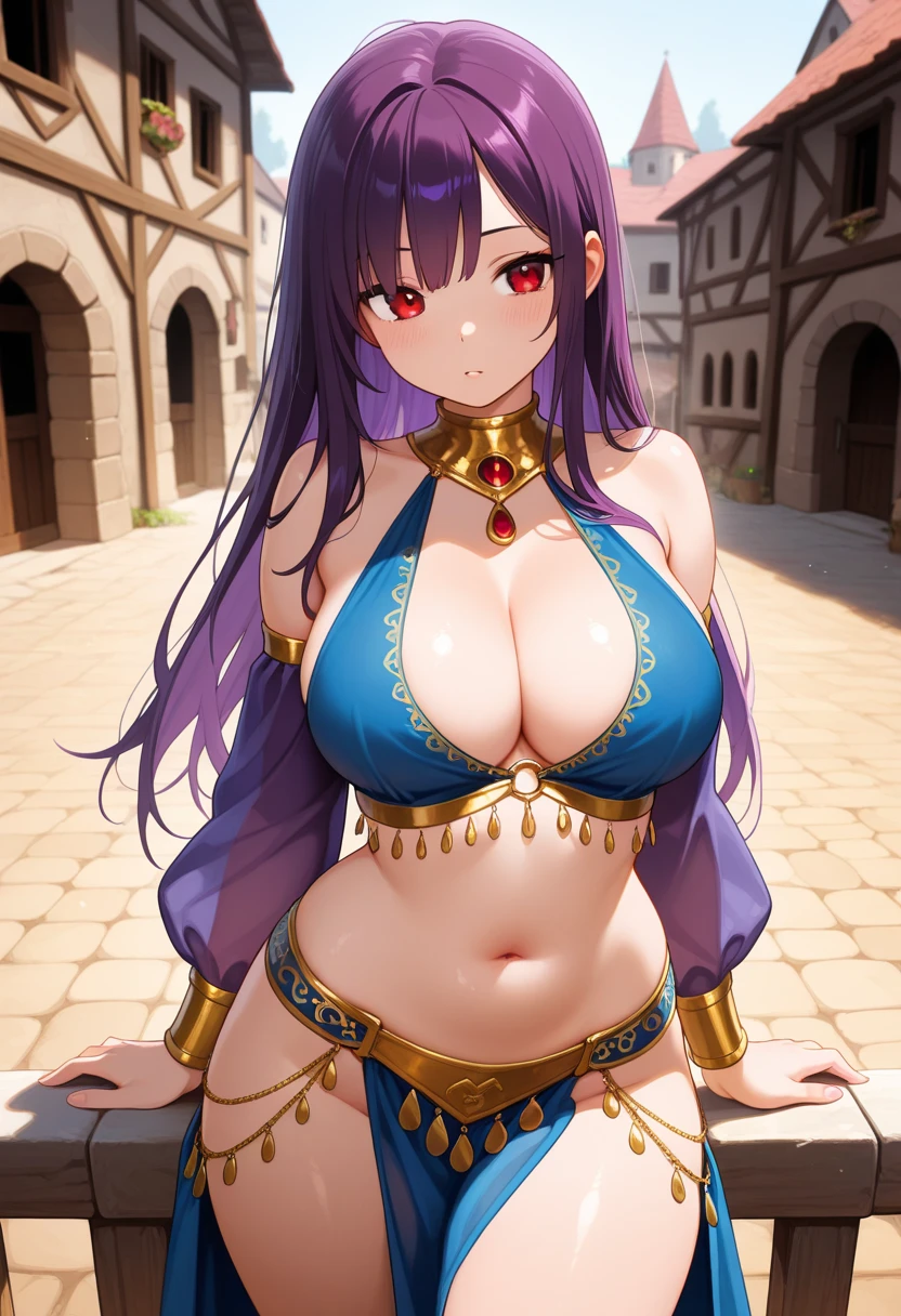 high quality, ultra detailed, best quality, insanely detailed, beautiful, masterpiece, 1girl, medieval plaza, cowboy shot, red eyes, long hair, purple hair, belly dancer, circlet, earrings, armlets, bracelets, bashful smile, large breasts, cleavage, soft stomach