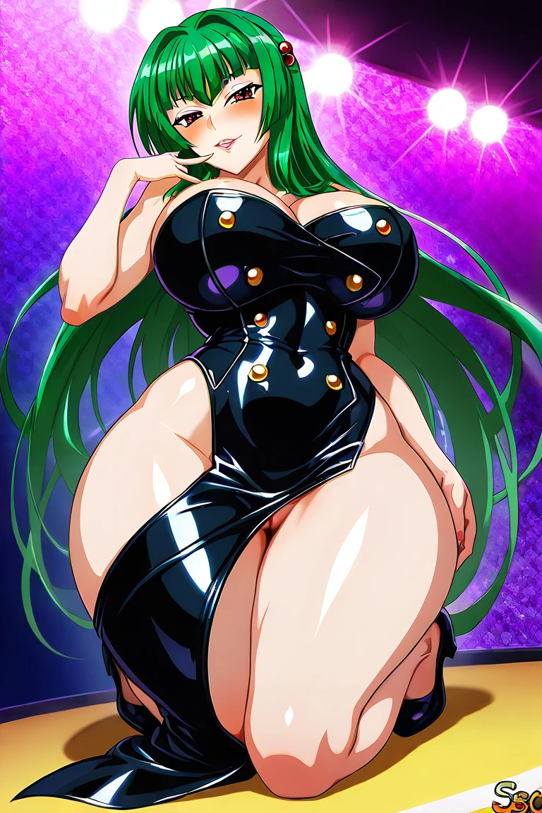 (((highly detailed))), (((high quality))), (((masterpiece))), (((beautiful))), full shot, back side view))), emily the emerald engine, (((by drogod))), athletic female, 5 fingers, 5 toes, big butt, large ass, white body, totally white skin, pale skin, emerald green nails, emerald green eyes, emerald green lipstick, eyelashes, eyeliner, black hair, black eyebrowns, thin eyebrowns, very long hair, ass length hair, Ironed hair, hair on the forehead, bubble ass, busty, butt, emerald green highleg one pice swimsuit with gold strip, cleavage, feet detail, fingers, humanoid feet, humanoid hands, horny face, in love to the viewer, large bum, looking at viewer, nails, partially visible vulva, protective mother countenance, pose, (((standing))), sensual eye, bedroom eyes, sensual body, smile, soles, soft soles, arched soles, tiptoes, feet blush, sole blush, solo, sheap space, lying up, feet up, thick thighs, thighs together, toes, (((voluptuous))), large thigs, (((high thighs))), (((high hips))), wide hips, curvy figure, curvaceous, absurd res, hi res, signature, in a spaceship next to a large window space