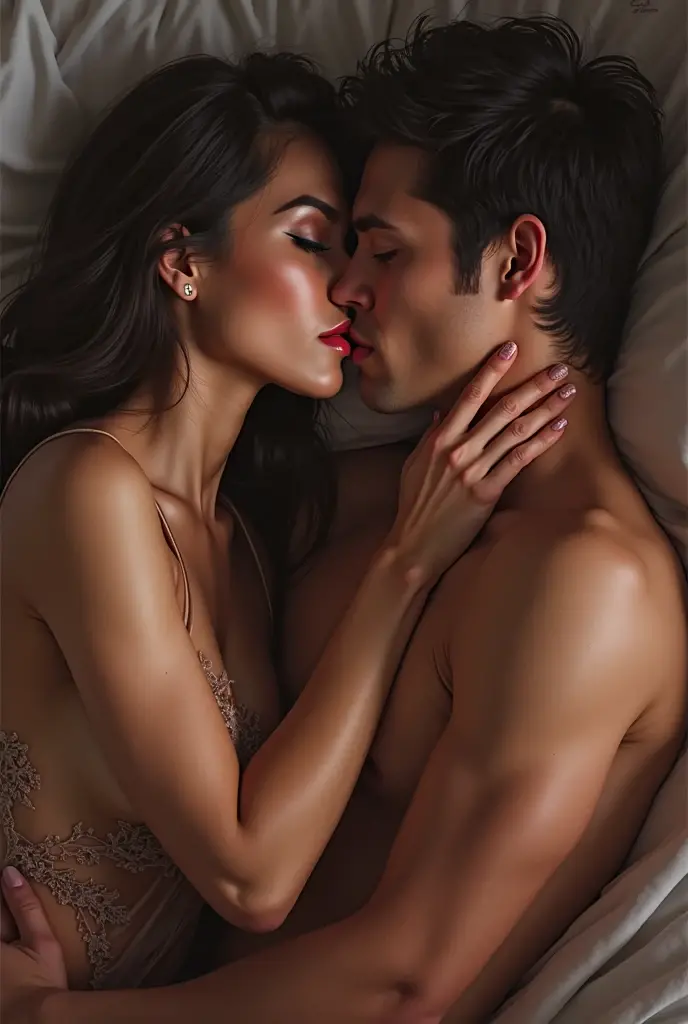 a beautiful young woman in her 30years lying on a bed in a bra, embracing and kissing a man, extremely detailed body, highly detailed breasts, large breasts, 8k resolution, photorealistic