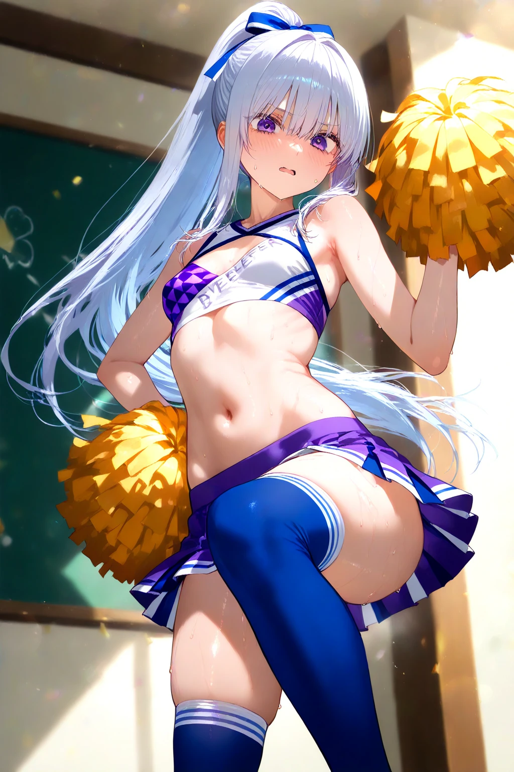NSFW,masterpiece,Highest quality,High resolution,Very detailed,white\(no game No life\),Long Hair,Multicolored Hair,Hair between the eyes,Gradient Hair,Yellow Eyes,Small breasts,ponytail,(Cheerleader),See-through,Tank top,Crop top,Micro Mini Skirt,Groin,pubic,open crotch lace panties,Knee-high socks,Thigh straps,sports boots,baseball Ground,Audience seats,fence,Frustrated face,blush,Sticking out tongue,Sweat,sexual excitement,(Ecstasy face),((Squirting)),(orgasm),(Trembling),Are standing,Leg spread,(Remote Control Vibrator)