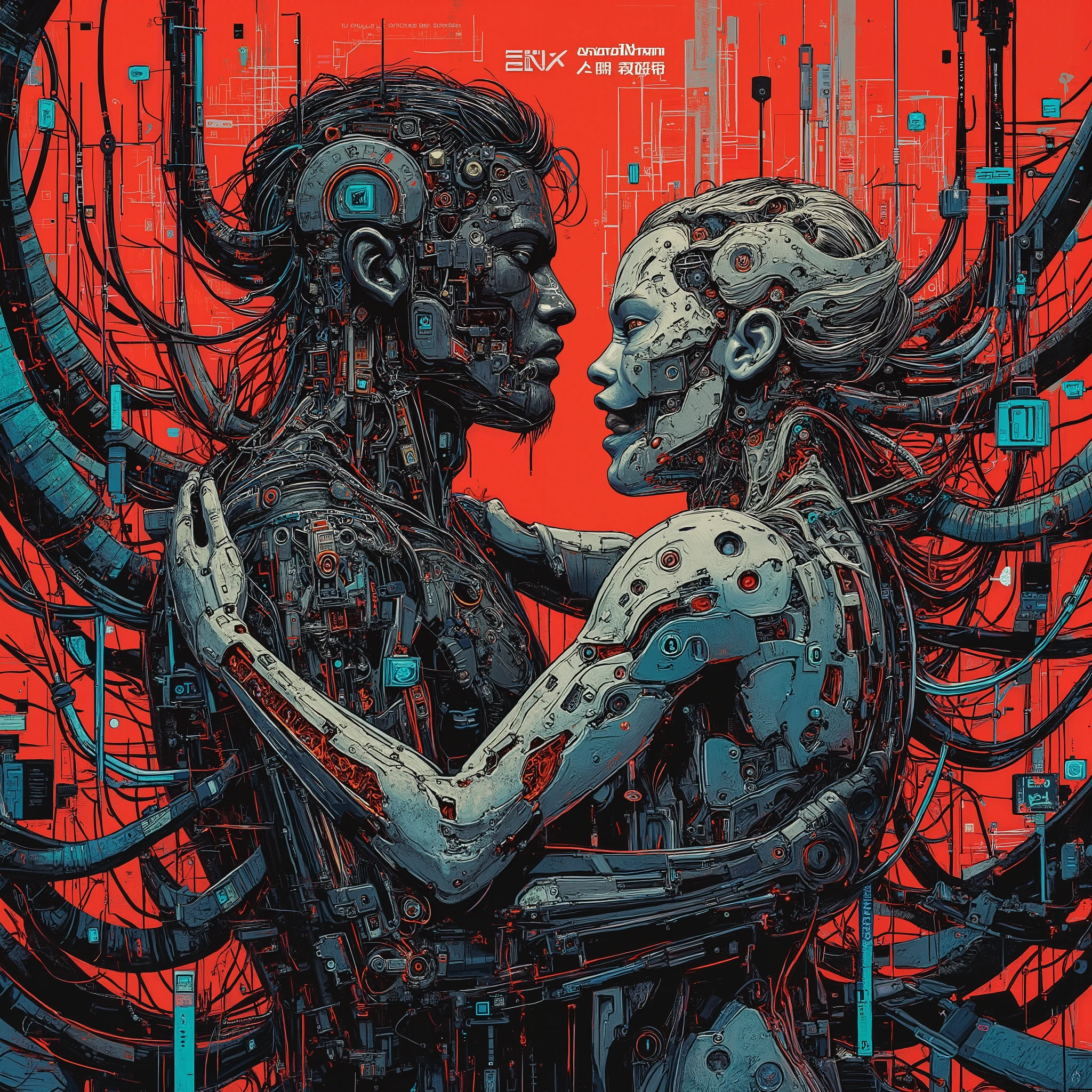 love and passion, contrary to reason - they are prey to animal lust, author Ingvar Donskov,  neon environment , Abstract black oil, Gear Mechanic,  detailed acrylic , grunge, intricate complexity, rendered in Unreal Engine, photorealistic