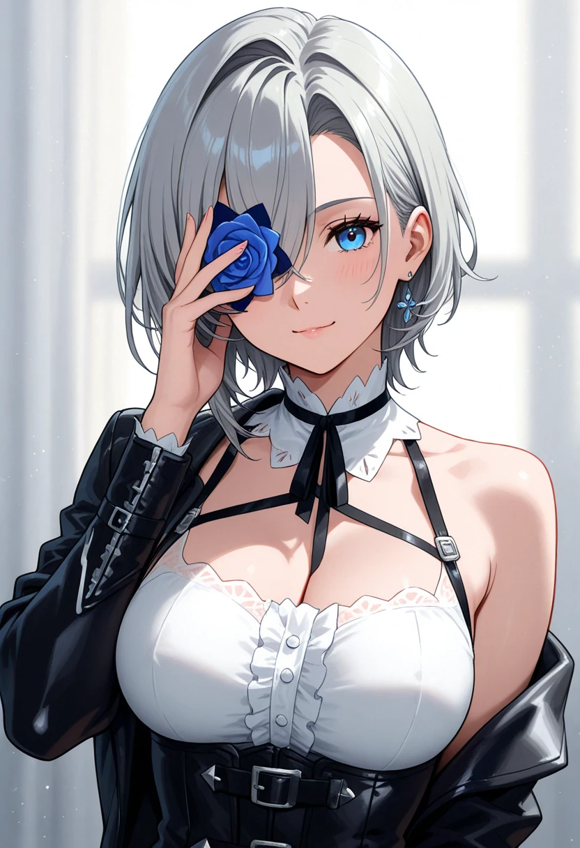 masutepiece　high-level image quality　Top image quality　8K　 Lady（Soio）　Portrait　white long glovelan gloves））　white  hose（（blanche））　maid clothes（（Tube Top）blanche））　Wolf ears　shorth hair（（short-cut）（White hair）（perm）（fluffly））　Eye color is blue　a smile　Background with（bedroom）