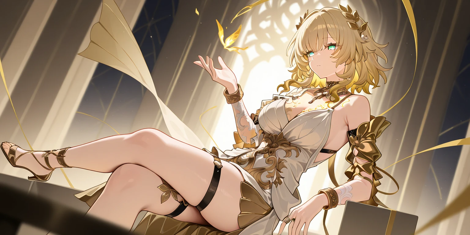 masterpiece, best quality,
1girl, night, Nineveh, meteor shower background, ultra-detailed, solo, looking at viewer, (curvy:1.1), (wavy hair:1.1), (breasts apart:1.3), groin, (pasties:1.3), neck ring, armlet, bracelet, (thighlet:1.2), (white veil:1.2), (hair ornament:1.1), navel piercing, (chain:1.1), (gold:1.3), (gold trim:1.2), rose, sweat, spread legs, sitting, arm up, full body, anklet, barefoot, on bed, Vaginal sulcus，((female genital)))，Meat urinal，No top，No shirt，dewpoint