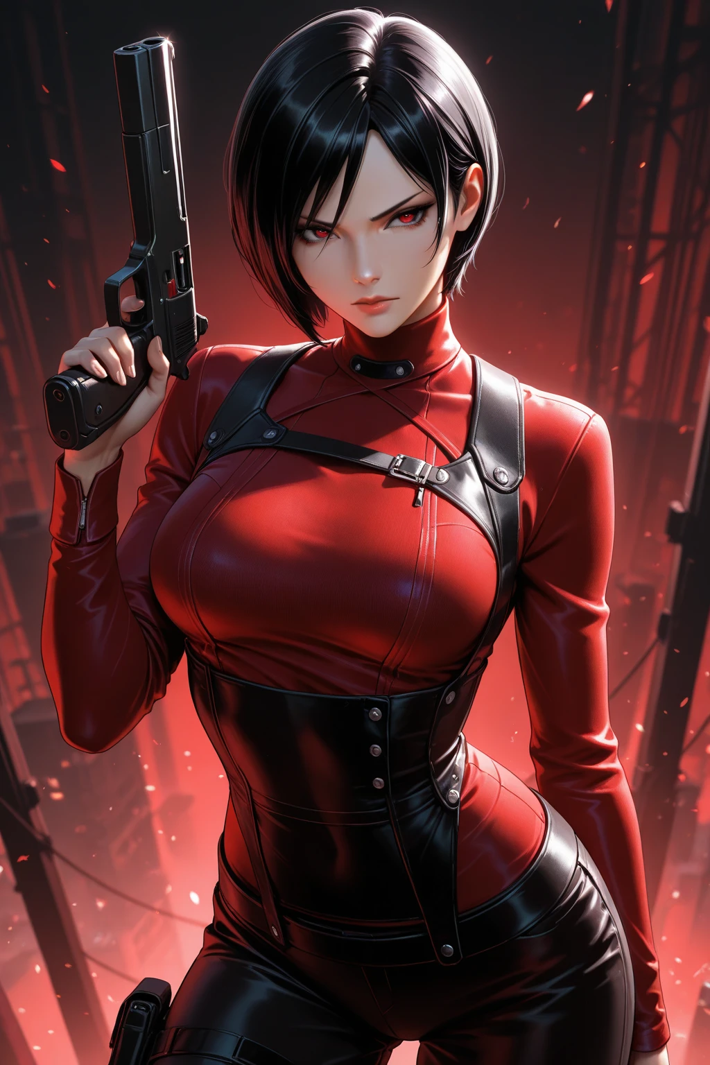 Arti modern anime. angled view, heroic pose, face closeup portrait of stunningly beautiful (Ada Wong from Resident Evil) as an heroic brave lady, in a violent action scene, wind blowing short black hair, slim body, highly ornamented and detailed red long dress, red high heels, depth of field blur effect, night, full zoom, action portrait, photorealistic. cinematic lighting, highly detailed. best quality, 4k, Better hand, perfect anatomy, leaning forward, foreshortening effects, coy flirty arrogant focused expression, holding a hand gun, in a horror scene