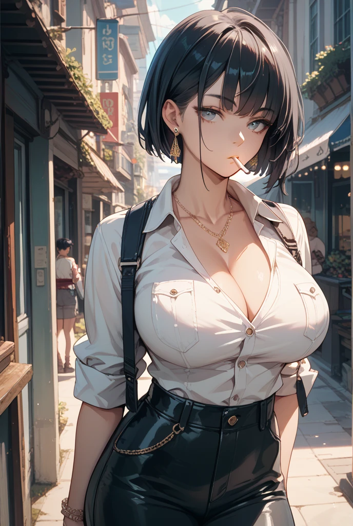 ((huge breasts))
((Very thick thighs))
((Very fleshy young woman))
(Tall)
(cleavage)
Short Black hair
Standing
(((Shoot from front)))
(Japanese school uniform)
(white (business) shirt)
(Black mini-skirt)
Japanese
Tokyo city