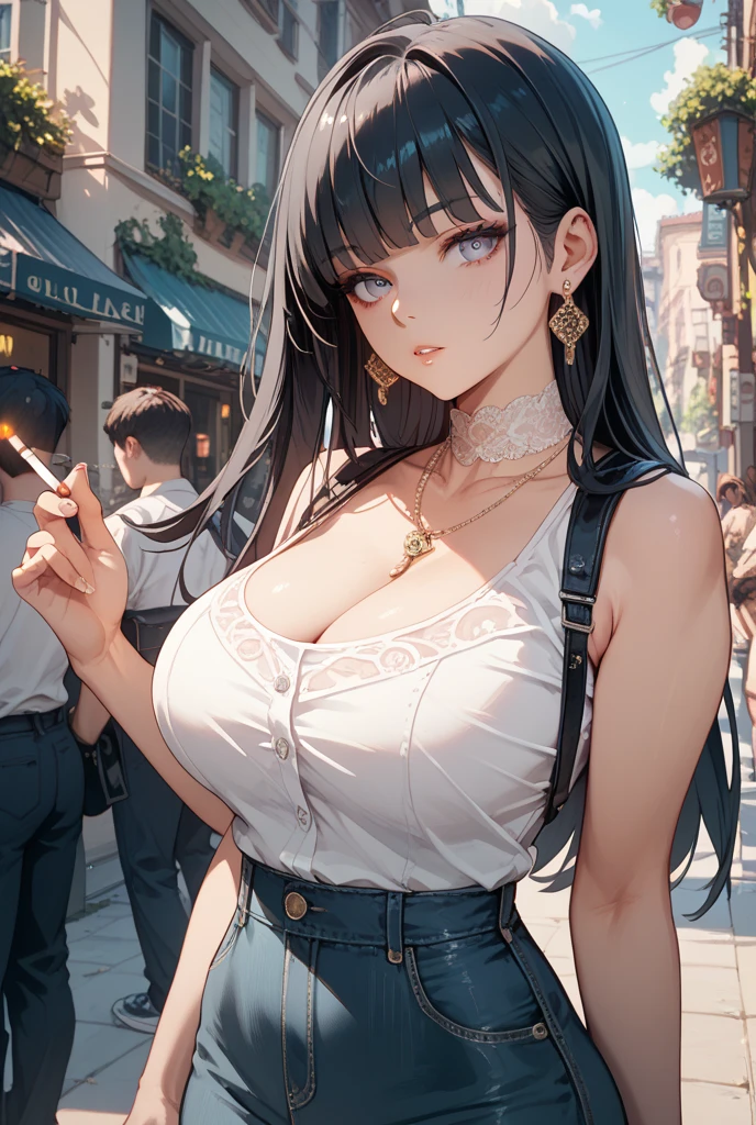 (work of art, best qualityer, high resolution:1.4), wall-paper, whole body, 1 girl, very long hair, flat hair, white  hair, (hair blue:1.0), (Bblack hair:1.0), bright green eyes, multicolored hair, gradient hair, smallbreast, round chest, Facing the side, yukata semi nu, holding party popper, natta, hair clip, side stripe, thick red lips, delicate finger in mouth, fully body, (((the woman has an unquestionable body, thick fit body e coxa, big-ass, defined body)))