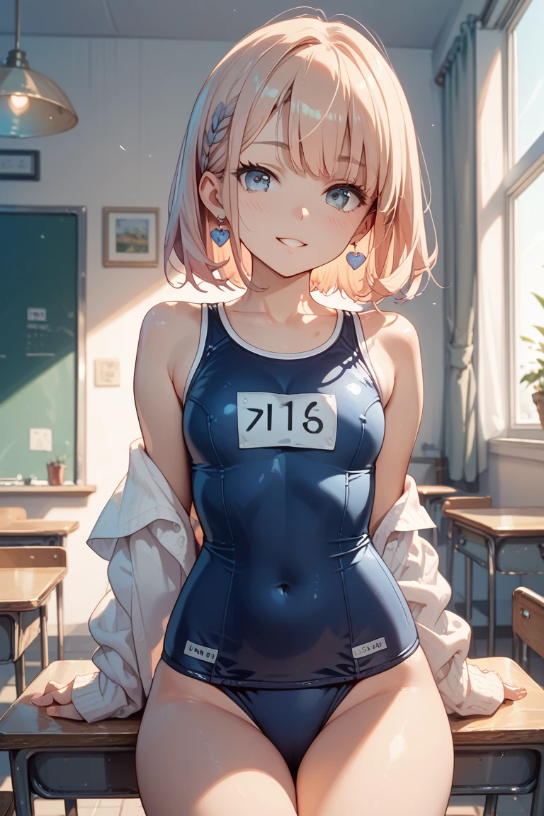 High quality、highest quality、complete limbs、Ultra high definition、Shining eyes、Full hands and fingers、slender beauty、very short hair、Wearing an all-pink school swimsuit、white skin、knee high