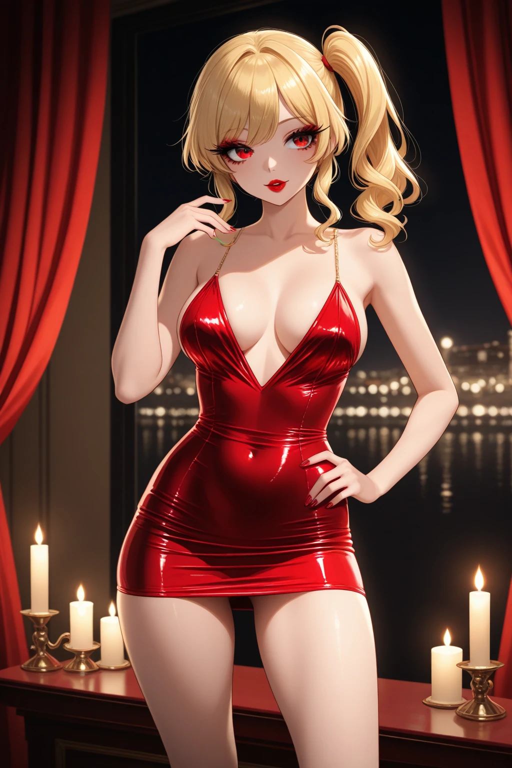((Best high quality:1.2)), (8k), extremely detailed, ((High detail:1.2)), Solo, 24 years old pretty perfect Korean Ulzzang female, (tight short strapless dress), ((hot sexy hourglass perfect body)), ((small cute breasts:1.35)),