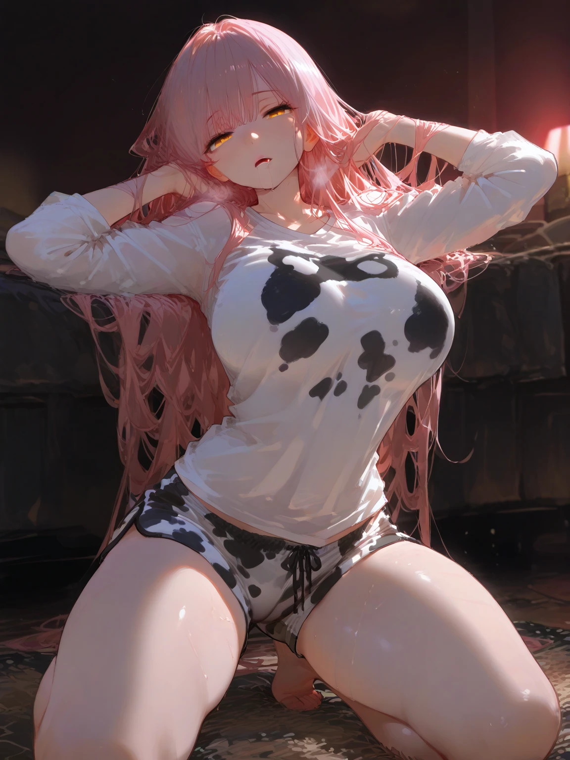 <lora:DOAHonokaBikini0826:1>,honokabkn, large breasts,completely nude, (nipples),
(arms behind back), embarrassed, blush, wavy mouth,
barn, milk churn, lactation, <lora:lactation_v11:0.45> ,wet, neck bell, cowbell,