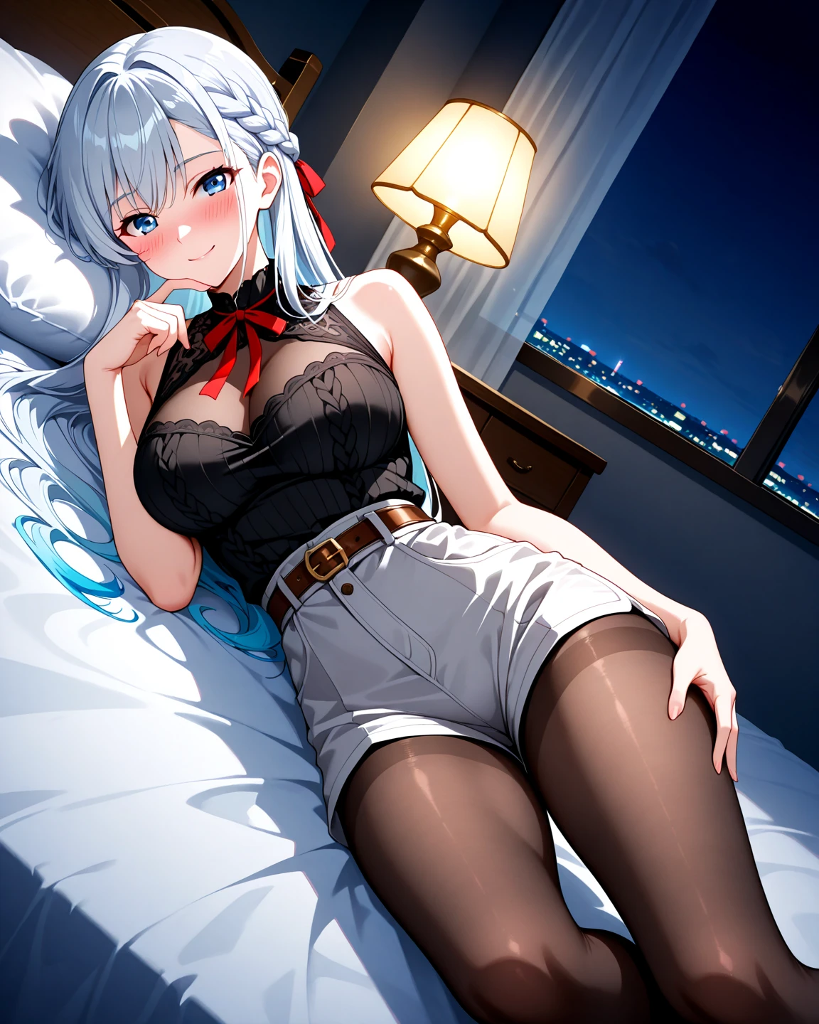 SFW:2.0,light blue bra,On the bed,Turn around, subjective,All fours,back,swet pantyhose,wet:1.5,open legs,panty drop