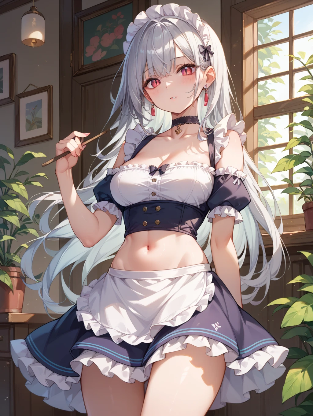 ((Gawr gura)), ((Masterpiece)), (Professional Photography:1.2), ((best quality)), (from behind), wide shot, (flat chest), (grin, very blush), (child), 1girl, slim, slender, silky long hair, put on cat ears, beautiful, (backward leaning), facing viewer, ((cute maid costume)), shell necklace, slightly exposed hip, (place hands on lift up skirt), in the brothel, (erotic atmosphere)