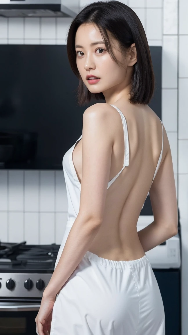 1womanl、((emphasis on the buttocks))、Small buttocks、full body Esbian、(Turn around)、(kitchin)、Realistic、de pele branca、A slender、A dark-haired、Shorthair Flying、tiny chest、long 、((Camisole))、((no-bra))、to stand、Chest Pochi、二重まぶた、Smile、NSFW