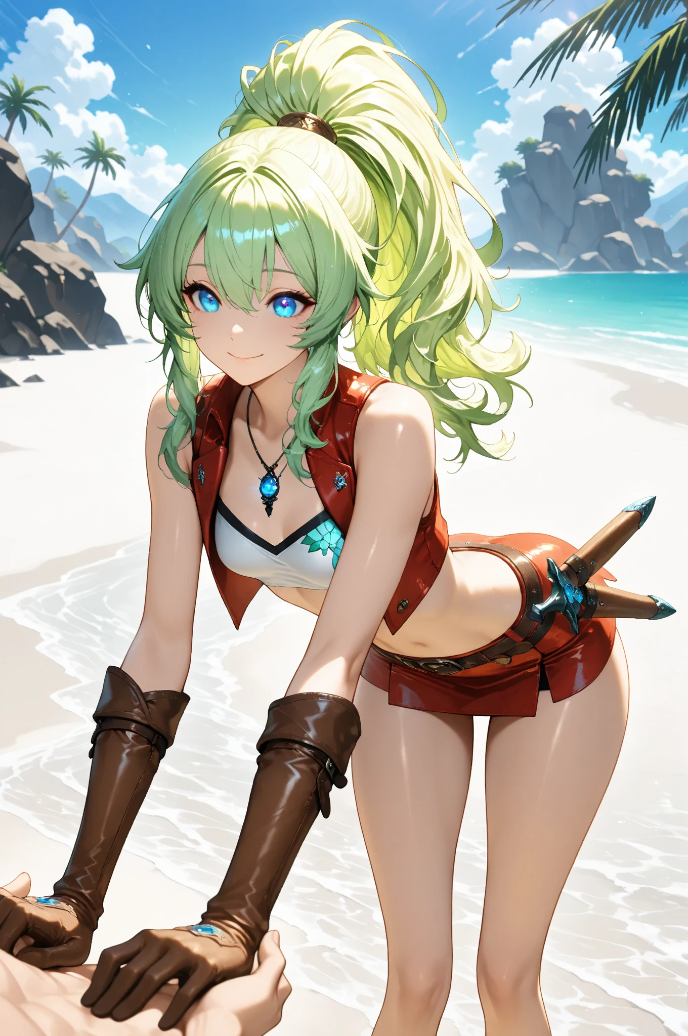 masterpiece, best quality,detailed, highres,shiny skin,1girl, solo,BREAK,
timegal, blue eyes, long hair, breasts, green hair, bangs, medium breasts, shiny hair,lips,shiny skin,BREAK,
belt, gloves, boots, navel, white gloves, thighs, red midriff, red sleeveless,knee boots, white footwear, elbow gloves, crop top, cleavage,(gray shoulder armor), red bikini,
BREAK,
((( outdoors, ))),(( cowboy shot , dynamic pose, looking at viewer, )), light smile, dinosaurs, mountains,