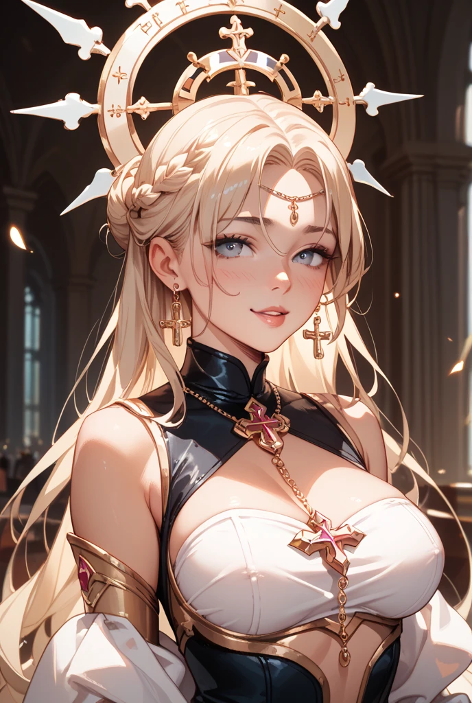 masterpiece, best quality,Facing the audience, Upper Body,woman,greek goddess style, Melon seed face, ((slender eyes)), There is a mole under the eye,Brown eyeballs, Thin lips, blond, Very long hair, close your mouth and smile,30 years old, self-portrait, Simple background,White dress,Big Breasts,cleavage,golden armor