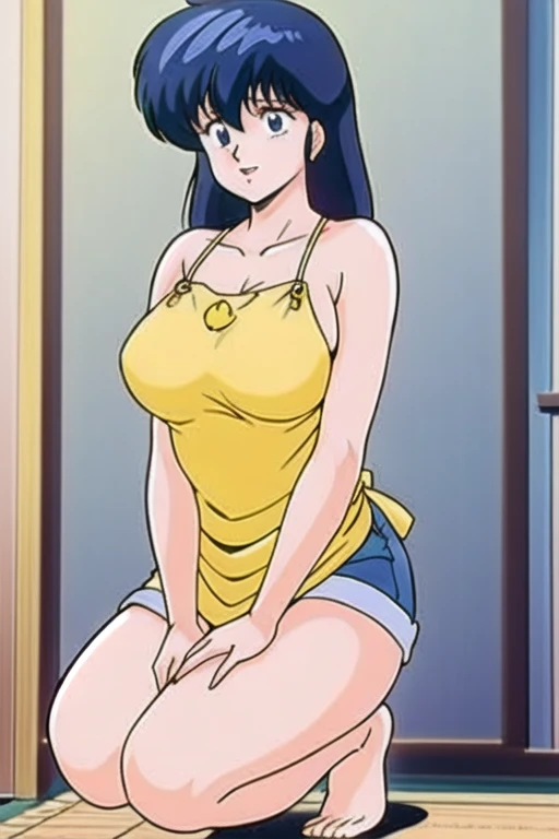 ,kyoko,score_9,score_8_upper,score_7_upper,sauce_アニメ,One girl,alone,View your viewers,in the forest、Yellow dress、squat、Spread your legs、Panties,Front view,Are standing,Embarrassing,:d,arms_behind_return,Sleeveless summer dress、Cum on crotch、