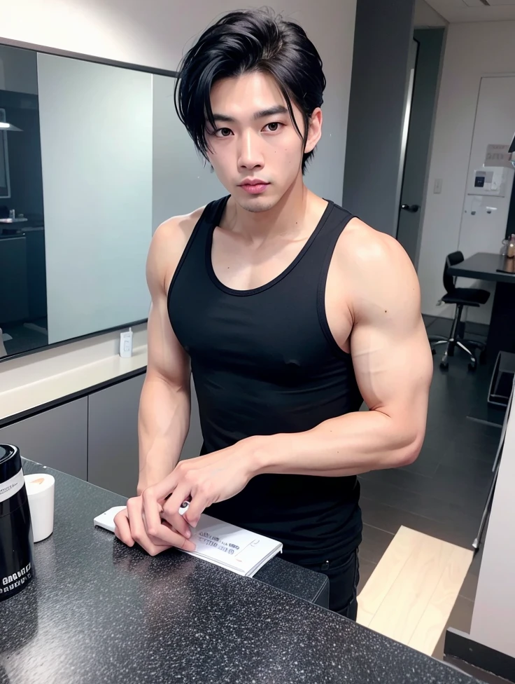 handsome Korean man with a goatee with strong blonde hair shirtless with a defined physique holding a glass of wine in black dress pants in a dining room at night, front view, k-idol, masterpiece