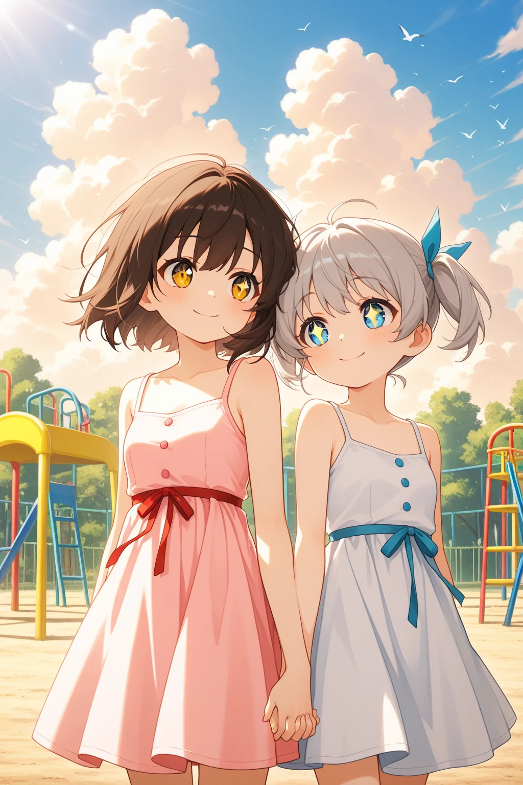 Highest quality, Ultra-high resolution, (Realistic: )2D official style cel animation,((Two strawberry marshmallow girls sitting side by side))mini skirt,Summer Shirts,(Pink Panties、White panties、Lace panties),loose socks,sneakers,Full body portrait,(From below),Station stairs,sunny,Quite embarrassing,blush,Leg spread