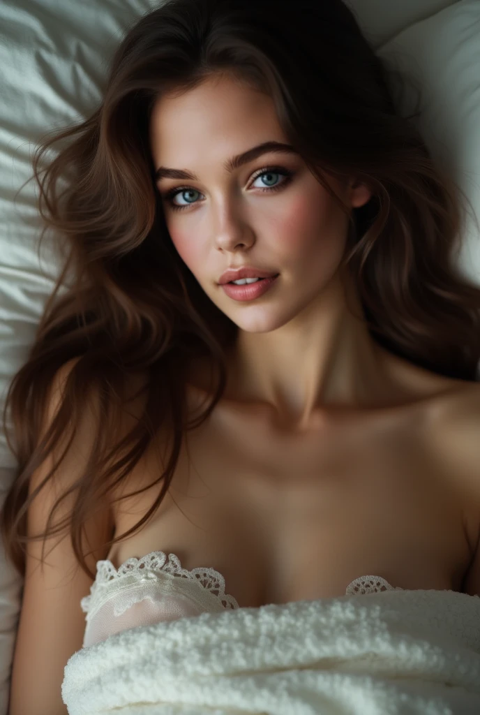 (UHD, masterpiece, anatomically correct, textured skin, super detail, best quality, highres, 8k, bloom, Front Light:1.2, Perfect dynamic composition), ((24-years-old)), (Sexy Face, Long face, Distant eyes, Gentle eyelids, Thin eyebrows, Gentle corners of the eyes, Hawk-like nose), (Gal Makeup:1.0), (eyeliner), (Completely captivates you), (Eyes that feel erotic), (A taste of beautiful eroticism), (Too cute beauty), (dark brown hair), (Long Hair, Curly Hair, french braid:1.4, bangs, Smooth Hair), ((Small and perky breasts)), (()), (()), (()), ((Full Body Shot:0.8)), (Shot from above:1.2)), ((looking at the camera:1.4)), (()), ((ample bosom)), (()), (()), ((Seductive expression:1.4)), ((bedroom:1.6)) (((nude1.3)))