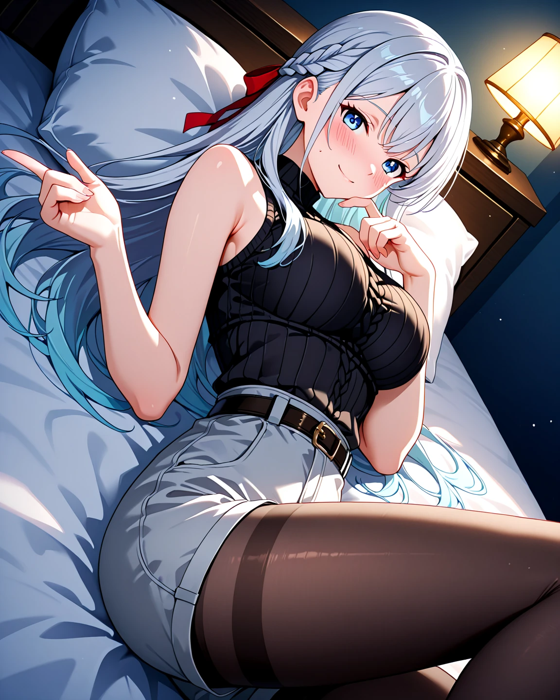 masterpiece, best quality, highres, kei1, 1girl, solo, blue eyes, long hair, (wears an attractive feminine lacery), ribbon, bangs, collarbone, gray hair, black hair band, neck ribbon, hair between eyes, medium breasts, cowboy shot, smile, anatomically correct full body, this inside a hotel room, this sitting on a bed with her legs open, has a lusty pose, complete escenario detallado