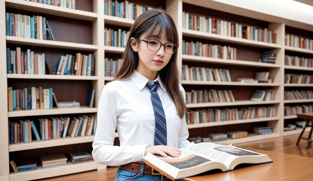 (8k, RAW Photos, Realistic: 1.25), masterpiece, highest quality, Ultra HD, Very beautiful and elegant Japanese woman, 15 years old, i always wear glasses, Beautiful black hair, Beautiful Skin, Detailed and beautiful eyes, Slim body, Realisticで詳細な日本の高校の制服,  Navy Pleated Skirt,Realistic and detailed school library, Reading a book in the library, Random Pause, Perfect ???????