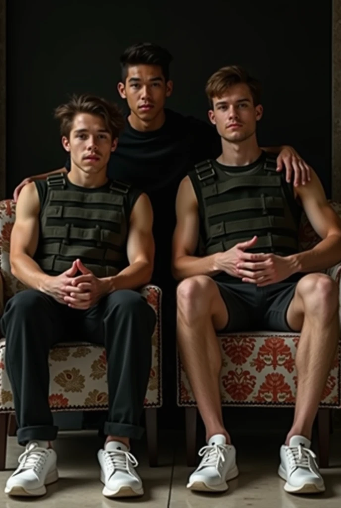 army barracks, army, 2boys, thin body, young males 16yo, caucassian masculine square face, full body view, camo boxers, blonde, topless, armoured red sneakers, white socks, dominating