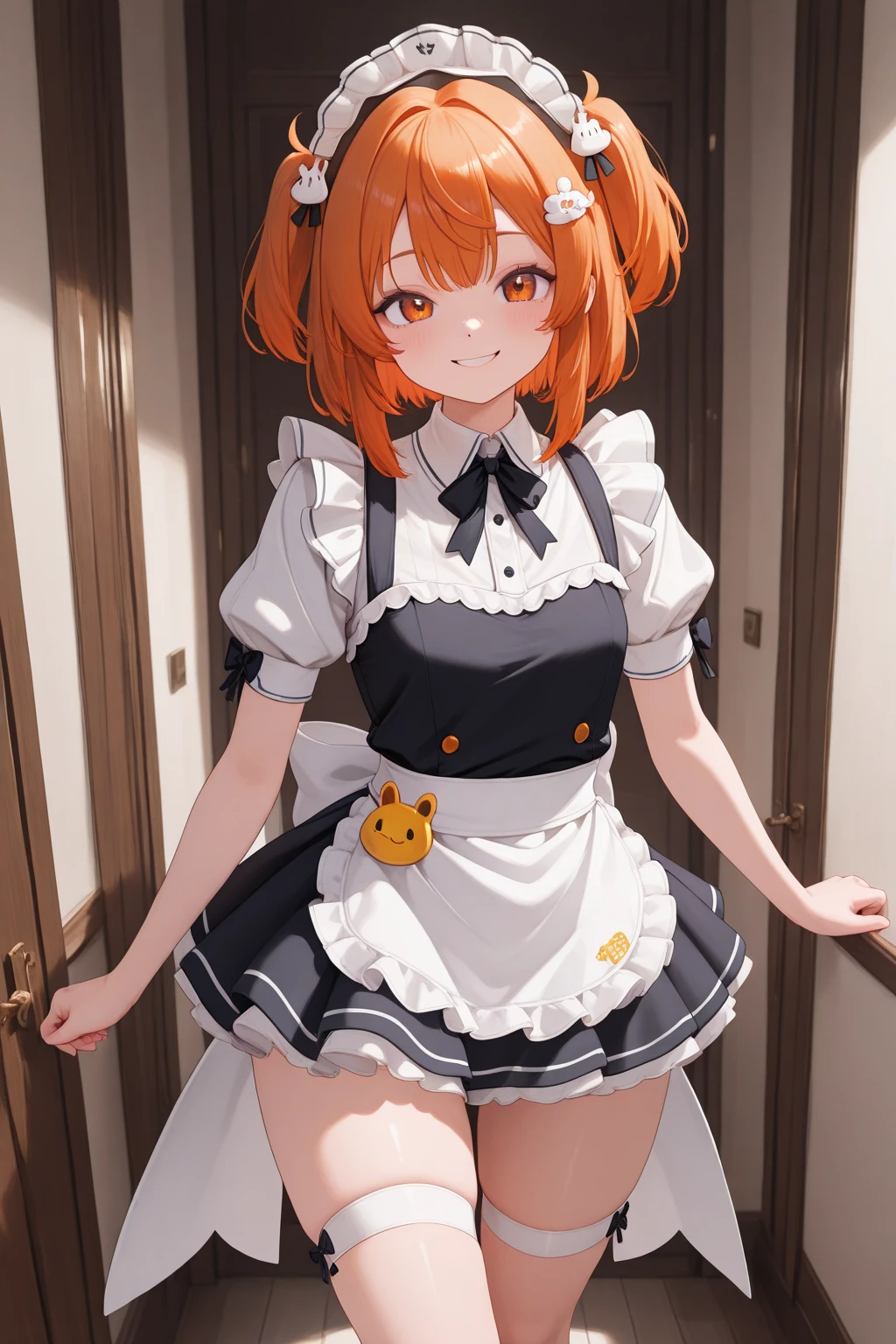 1girl, 16 years old, maid dress, showing panties, Short orange hair, 2D anime